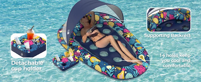 Sunikko X 3-in-1 Pool Floats with Canopy Cup Holder, Tanning Pool Large 73" x 48" Float Adult Heavy Duty, Inflatable Lounger Raft Floating Chair with Backrest, Swimming Pool Lake Beach Party