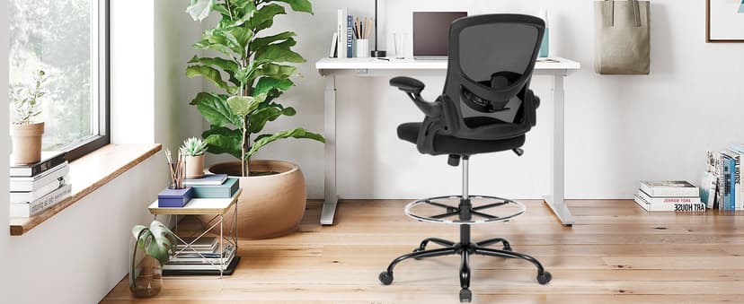 Drafting Chair, Tall Office Chair for Standing Desk, Ergonomic Standing Desk Chair with Flip-up Armrests, Counter Height Office Chair with Footrest and Adjustable Lumbar Support