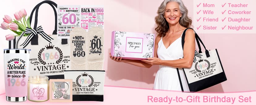 60th Birthday Gifts for Women, Vintage 1966 Birthdays Gift For Her, Cool 60 Year Old Birthday Gifts Set For Mom Wife Sister Friends Coworkers, Unique Gift Ideas With Tumbler Greeting Card Tote Bag B0H1LC1S74