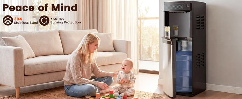 3 in 1 Water Cooler Dispenser with Ice Maker, Bottom-Loading Water Cooler Hot and Cold for Home & Office, 33lbs/24H Bullet Ice, Top Loading 3-5 Gallon, Child Safety Lock, Ice Ready in 7 Mins