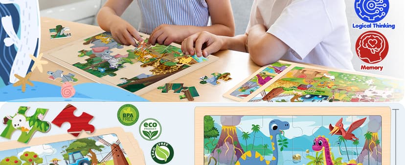 Wooden Animals Puzzles for Kids Age 3 4 5 Year Old, 4 Pack 24 Pcs Montessori Toddler Jigsaw Puzzles for Girl boy Activities Preschool Learning Educational Birthday Gift Travel Autistic Wooden Toys