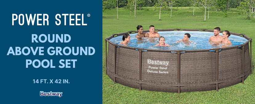 Bestway Power Steel 14’ x 42” Round Above Ground Outdoor Backyard Swimming Pool Set with 1,000 GPH Filter Pump, Ladder, and Pool Cover
