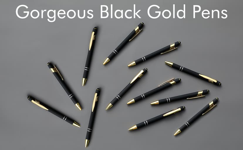 LINFANC 12 Pack Black Gold Ballpoint Pen with Stylus Tip, 1.0 mm Black Ink Smooth Writing Pens, Metal Stylus Pens for Touch Screens