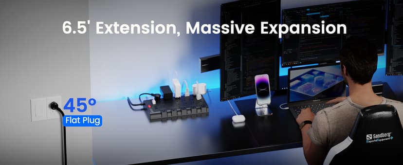 Power Strip, SUPERDANNY Surge Protector with 22 AC Outlets and 6 USB Charging Ports, 1875W/15A, 2100 Joules, 6.5Ft Flat Plug Heavy Duty Extension Cord for Home, Office, Dorm, Gaming Room, Black