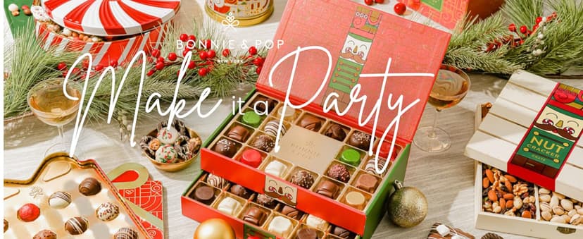 Christmas Chocolate Gift Basket– Holiday Candy Gift Box with Assorted Milk, Dark & White Chocolates – Holiday Food Gift Idea for Men, Women, Family, Corporate- Bonnie & Pop Christmas Style