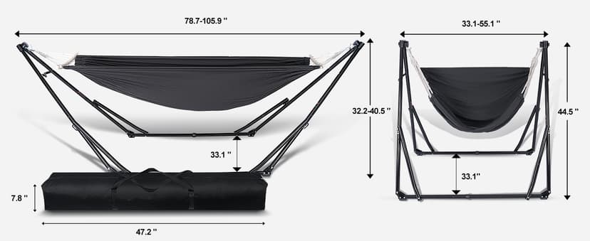 2-in-1 Hammock & Swing Chair for Teens – Adjustable Folding Chair with Collapsible Steel Stand, Portable for Camping, Travel, Patio & Indoor Use, Includes Carrying Case, Supports 440 LBS