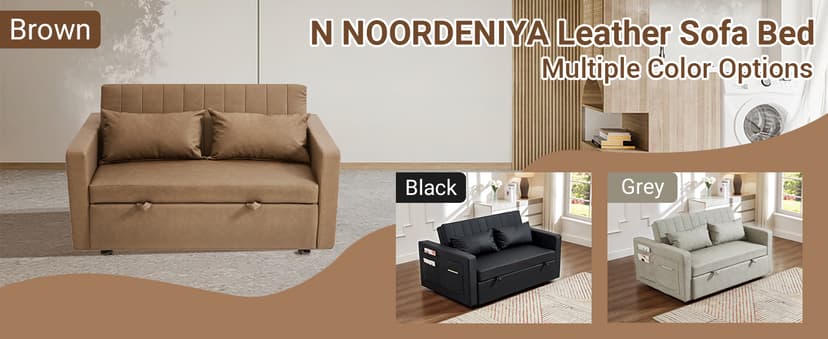 N NOORDENIYA 55'' Leather Sofa Bed, Pull Out Sleeper Sofa Couch Bed, Loveseat Sleeper, Futon Sofa Couch with Side Pocket, Convertible Sofa Bed for Living Room, Apartment, Bedroom, RV, Brown