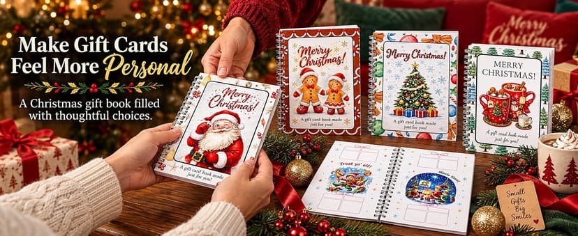 4 spiral-bound Christmas gift card books in 4 designs; each has 10 interior sheets plus front and back covers. DOTH Christmas Gift Card Book, 4 Pack, Spiral Bound for Holiday Gift Giving B0HJCRRFKL