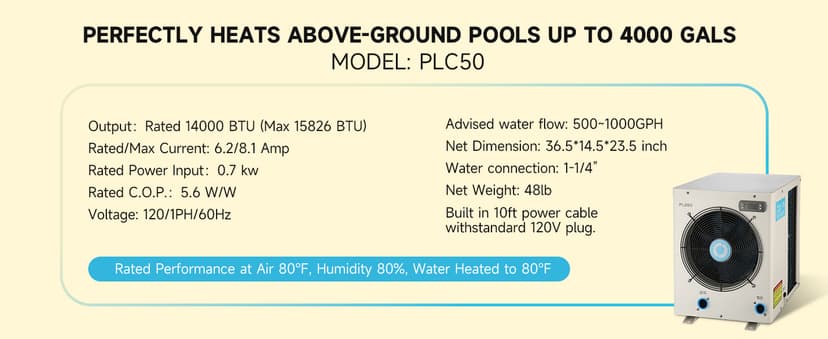 14000BTU Above Ground Pool Heater, Electric Swimming Pool Heat Pumps for Pools up to 4000 gallons, Fits 9/11/15 Foot Pool and Spas, 120V/60Hz, PLC50