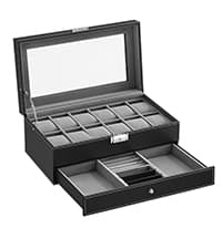 SONGMICS Watch Box, 12-Slot Watch Case Organizer with Large Glass Lid, 2 Layers, Removable Pillows, Metal Lock, Gift for Loved Ones, Black Synthetic Leather, Black Lining UJWB012B03