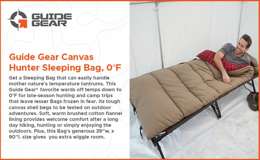 Guide Gear Canvas Hunter Sleeping Bag 0-Degree Fleece Lined Hooded for Adults Warm Winter Cold Weather Lightweight Portable for Camping, Backpacking, Hiking, Outdoors