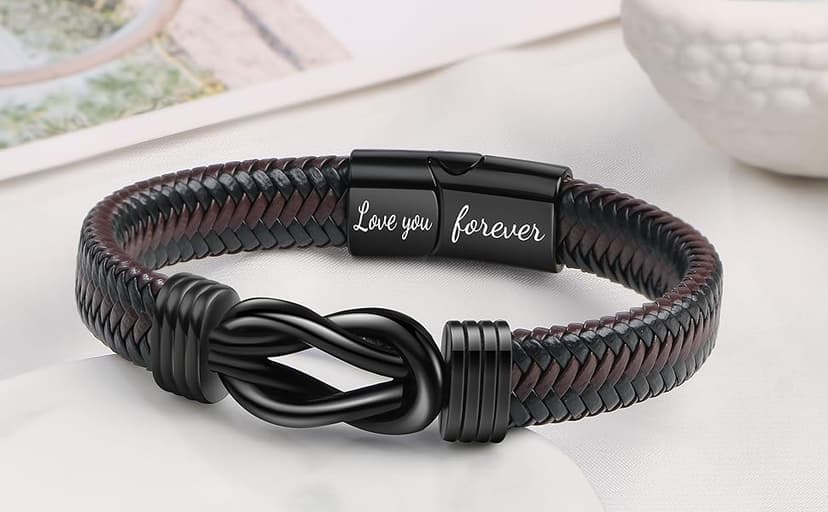 𝗞𝗻𝗼𝘁 𝗕𝗿𝗮𝗰𝗲𝗹𝗲𝘁 𝗚𝗶𝗳𝘁𝘀 𝗳𝗼𝗿 𝗠𝗲𝗻 Brown Braided Leather Stainless Steel Infinity Bracelets Lettering Love You Forever Gifts for Son Grandson Husband Boyfriend Brother Always Linked Together