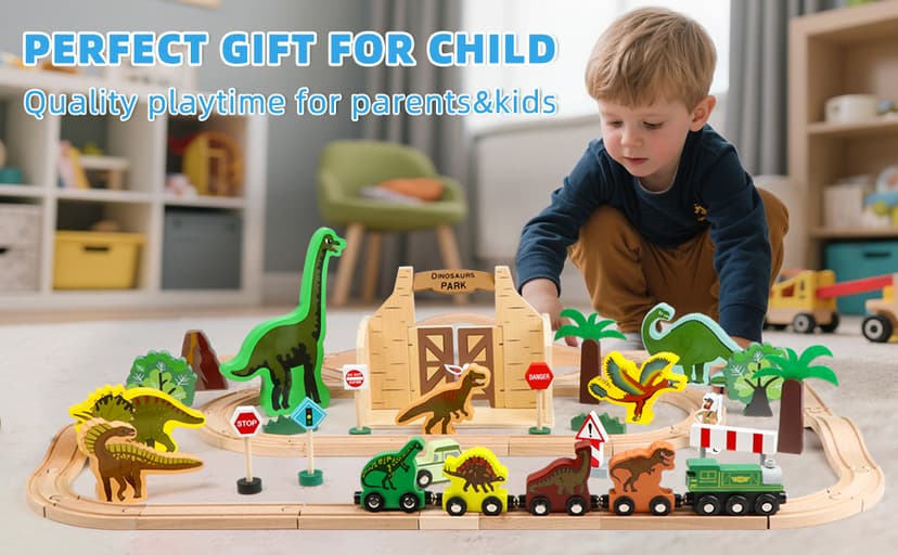 Wooden Train Set, Dinosaur Toys for Kids 3-5, Compatible with Major Brands, STEM Railway Playset, Ideal Wooden Train Track Set for 3 4 5 6 7 8 Year Old Kids Boy Girl