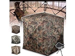 Wide Bottom Hunting Blind 1-3 Person with Portable Chair, 270 Degree See Through Pop up Ground Blinds for Deer Turkey Duck Hunting, Bow Hunting Adjust Windows with Silent Zipper