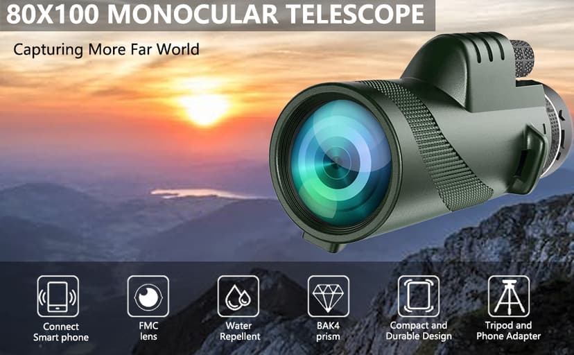 Monocular-Telescope 80x100 High Powered Monoculars High Definition for Adults High Powered with Smartphone Adapter Telescope Hunting Wildlife Bird Watching Travel Camping Hiking-Green