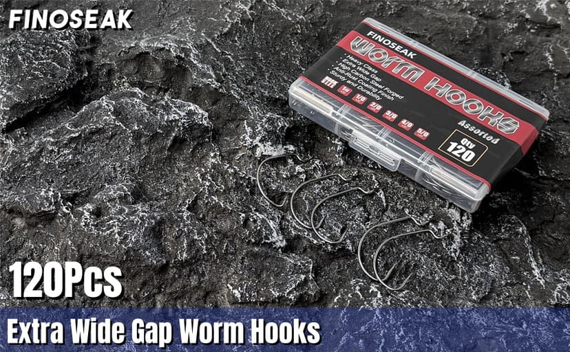 FINOSEAK 120Pcs Bass Hooks Set, Strong Offset Bass Fishing Hooks Freshwater Barbed Sharp Worm Hooks for Texas Rigging Fishing Extra Wide Gap 6 Sizes Assorted #1 1/0 2/0 3/0 4/0 5/0