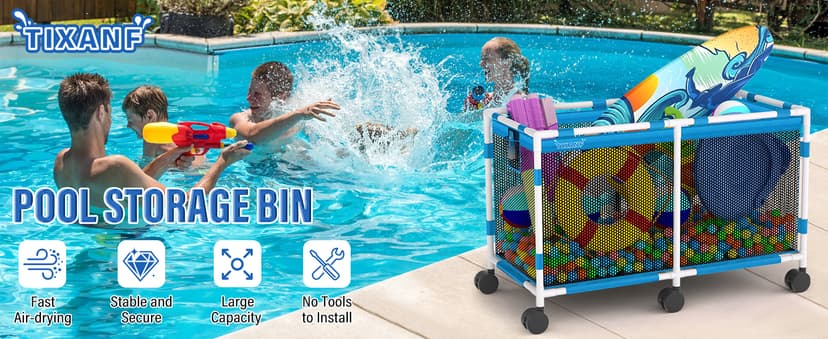 Pool Storage Bin - 235 Gallon 69" L Extra Large Pool Float Storage Organizer with Heavy Duty Tear & Sunlight Resistant Nylon Mesh, 360° Rolling Pool cart for Noodles,Toys,Floats,Balls