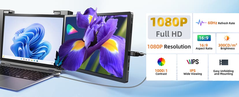 15'' Laptop Screen Extender, 1080P FHD Ultra-Thin Portable Monitor for 15"-17" Laptop with USB-C/HDMI Port, Plug and Play, for Mac/Windows/Android, Triple Screen Ideal for Remote Work & Multitasking