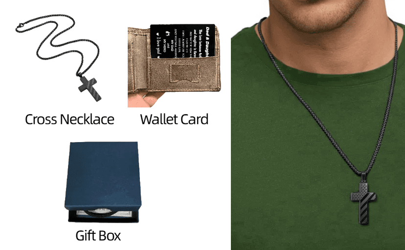 Gift for Dad, Cross Necklace Wallet Card for Dad, Father's Day Birthday Christmas Gift for Father from Daughter Son