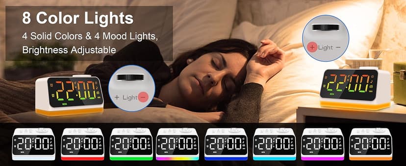 JALL Digital Alarm Clock with FM Radio for Bedroom, 8 Colors Night Light with 2 Charging Port, Sleep Sound Machines with Timer, Dual Alarm, Loud Alarm and Easy to Use for Seniors and Kids as Gift