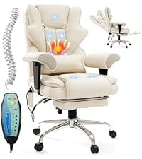 Massage Office Chair with Heat - 6 Points Vibration 400LBS Leather Reclining Office Chair with Lumbar Pillow, Adjust Headrest and Armrest, Executive Desk Chair for Home Office, Beige