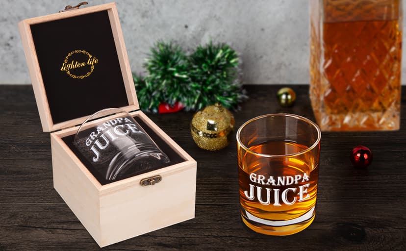 LIGHTEN LIFE Grandpa Juice Whiskey Glass 12 oz, Unique Gift in Valued Wooden Box, Funny Ideas for New Grandpa, Birthday from Grandson, Granddaughter