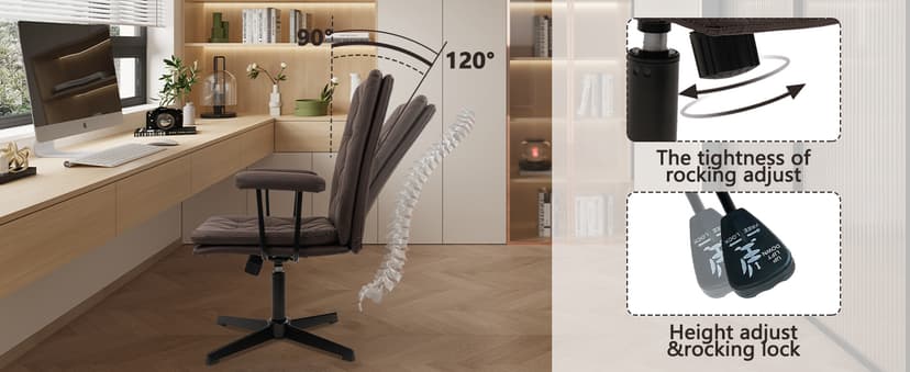CLATINA Office Chair No Wheels, Leather Criss Cross Desk Chairs with Arms, Modern Cross Legged Computer Chair, Mid Back Height Adjustable Swivel Task Vanity Chair for Home Office, Chocolate Brown