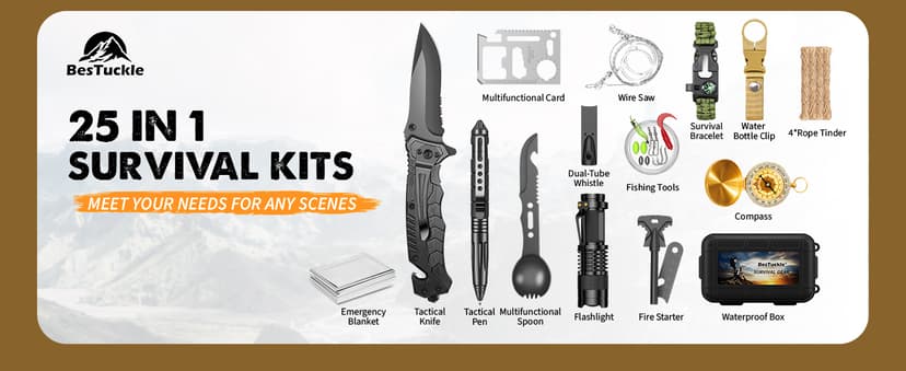 Gifts for Men Him Dad, Survival Kit and Equipment 25 Pcs, Valentines Gifts for him, Christmas Stocking Stuffers,Camping Essentials, Survival Gear, Cool Gadgets for Men