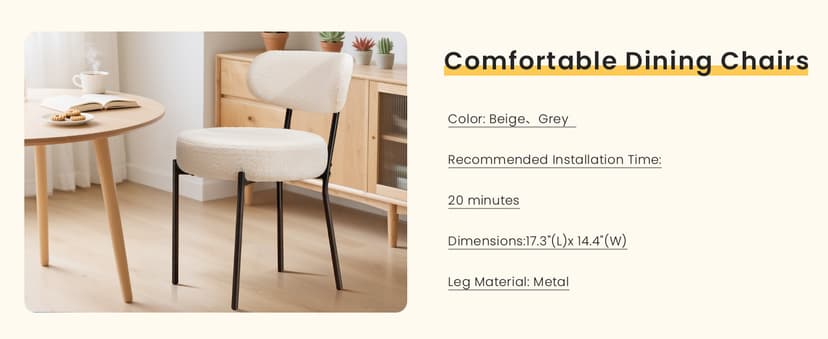 DUMOS Dining Chairs Set of 4, Mid Century Modern Chair Round Upholstered Curved Backrest, Kitchen Vanity Living Room Chairs with Black Metal Legs,Light Beige