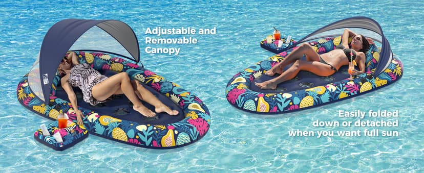 Sunikko X 3-in-1 Pool Floats with Canopy Cup Holder, Tanning Pool Large 73" x 48" Float Adult Heavy Duty, Inflatable Lounger Raft Floating Chair with Backrest, Swimming Pool Lake Beach Party