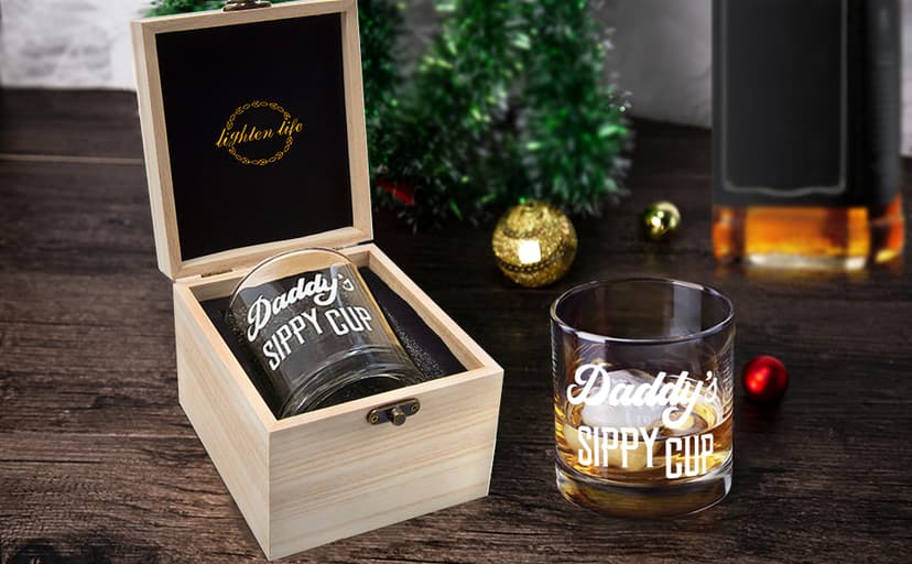 LIGHTEN LIFE Daddy's Sippy Cup Whiskey Glass 12 oz,Unique Dad Gift in Valued Wooden Box,Funny Gag Gift for New Dad,Father,Husband from Kids Wife for Father's Day,Birthday,Christmas