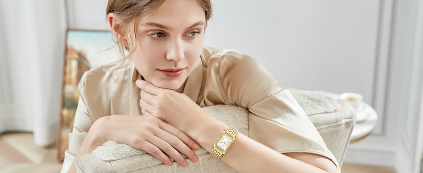 HOLSTOUR Watches for Women Vintage Bracelet Roman Dial Rectangular Case Gold Watch Waterproof with Tools