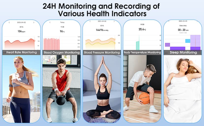 Fitness Tracker, 24/7 Heart Rate Blood Oxygen Blood Pressure Body Temp Monitor Sleep Calorie Tracker with 1.1" AMOLED Touch Color Screen Pedometer Smart Watch Waterproof for Women Men
