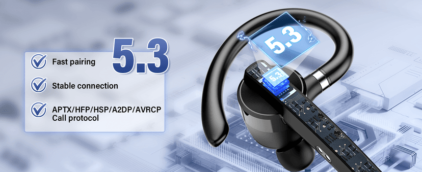 Thunelec Bluetooth Headset, Wireless Bluetooth 5.3 Earpiece, 90Hrs Hands Free Headset with APTX HD Audio & Mute Button, Dual Noise Cancelling Mics, Single-Ear Headphone for Trucker/Business/Office/Gym