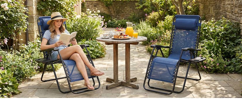 Zero Gravity Chair Set of 2, Adjustable Folding Reclining Lounge Chairs with Mesh Back, Adjustable Pillows & Cup Holder Trays, Outdoor Patio Lawn Chairs for Pool, Beach & Camping, Blue