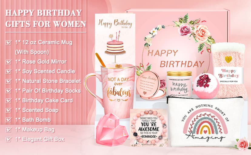 Birthday Gifts for Women Happy Birthday Gift Baskets for Women Unique Not A Day Over Fabulous Mug Gift ideas Pink Gifts Box Set Presents for Her Friends Mom Sister Wife Coworkers Daughter Aunt Mom
