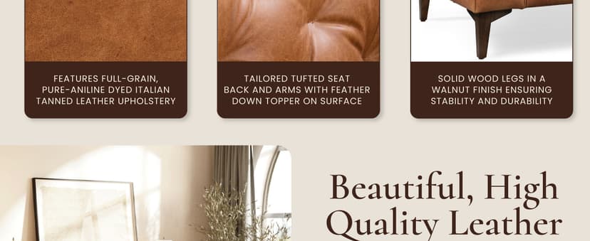 POLY & BARK Essex 89” Full-Grain Italian Leather Sofa – Tufted Back, Feather-Down Comfort, Solid Wood Frame, Cognac Tan