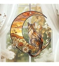 Wavy acrylic suncatcher featuring winged cat moon artwork, designed as a window hanging ornament for home décor and spaces Cat Suncatcher, Pet Memorial Gifts, Window Hanging Ornament 3 (6 Inches) B0HFW19G7L