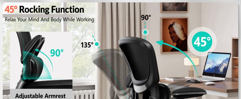 BESTFAIR Office Chair Ergonomic Desk Chair, Breathable Mesh Comfy Chair with Lumbar Support, Computer Chair, Home Desk Chair with Flip-up Armrests, Gaming Chair for Adults Home Office (Black)