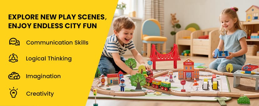 Tiny Land 110pcs Wooden Train Set with Folding Storage Box, Wooden Train Track Toy for Boys & Girls, Age 3-7, Includes Convenient Storage