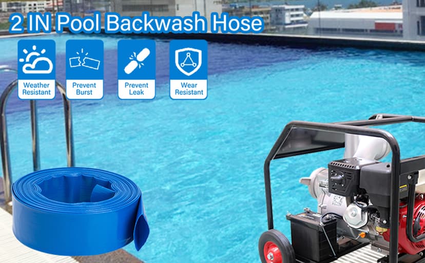 2" x100 FT, Pool Backwash Hose, Heavy-Duty PVC Hose, Lay Flat Discharge Hose, Weatherproof Burst Resistant for Water Transfer, Sump Pump, Pool Filter, Pool Drain,with 2 Clamps