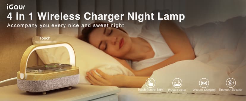 Nightstand Lamp with Wireless Charger,4 in 1 Touch Bedside Lamp Bluetooth Speaker,Portable Dimmable LED Night Light,Corporate Gifts Premium for Employees Clients,Birthday Gifts Women Wife Friend B0FJ1H1KCY