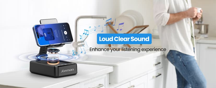 JTEMAN Cell Phone Stand with Bluetooth Speaker and Charging Function,Bluetooth Audio Power Bank Bracket,Birthday Gifts for Men Women,Kitchen Gadgets for Most Phones and Tablets-Black