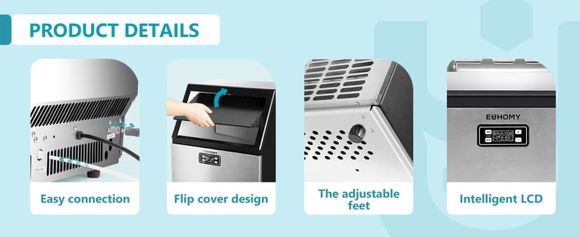 EUHOMY Commercial Ice Maker Machine, 100lbs/24H Stainless Steel Under Counter ice Machine with 33lbs Ice Storage Capacity, Freestanding Ice Maker.