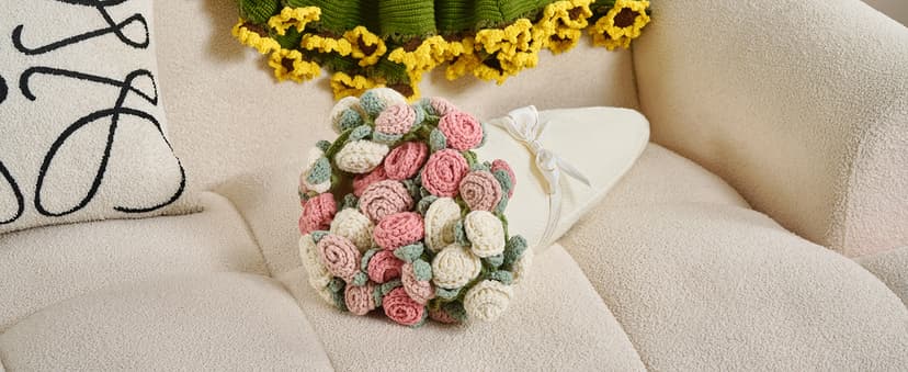 Crochet Flower Bouquet Throw Blanket, Handmade Knitted Blanket with Rose Flowers, Cute Romantic Gift for Her Girlfriend Mom Mother’s Day Valentine Wedding Anniversary Birthday, Pink and White B0FDK649NZ