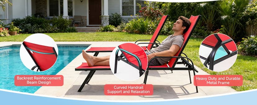 NEWBULIG Outdoor Lounge Chair for Pool, Chaise Lounge Chairs with 5-Position Recliner,350 lbs Heavy Duty Patio Pool Chair, Outdoor Sun Chairs with Metal Frame for Backyard, Classic Red