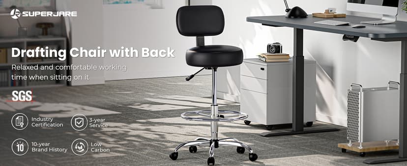 SUPERJARE Drafting Chair with Back, Adjustable Foot Rest Rolling Stool, Multi-Purpose Office Desk Chair, Thick Seat Cushion for Home Bar Kitchen Shop - Black