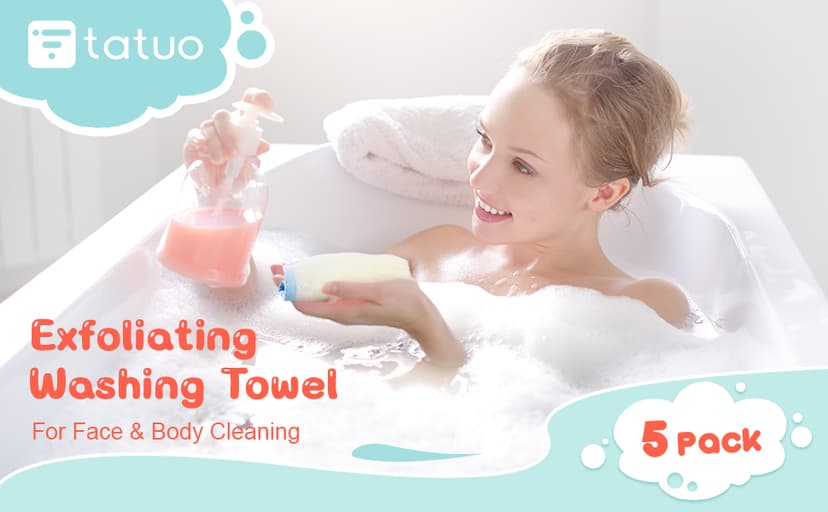 Tatuo 5 Pcs Exfoliating Face and Body Wash Cloths Towel Weave Bath Exfoliating Scrub Massage Bath Cloth for Women and Men, 10.63 x 9.05 Inch (White, Pink, Blue, Gray, Black Edge)