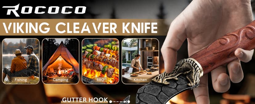 ROCOCO Viking Cleaver Knife Butcher Meat Cutting Boning Knife Hand Forged Chinese Kitchen Axe with Sheath Home Outdoor BBQ Camping Chirstmas Birthday Chirstmas Mother Father Gift Men