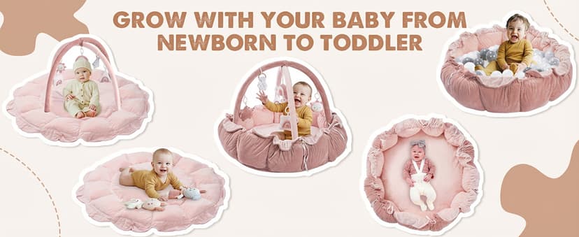 HAN-MM 5-in-1 Convertible Baby Play Gym with 6 Toys, Tummy Time Mat for Sensory Development, Baby Activity Center from Newborn to Toddler, Ball Pit, Soft Plush Pet Mat, Pink